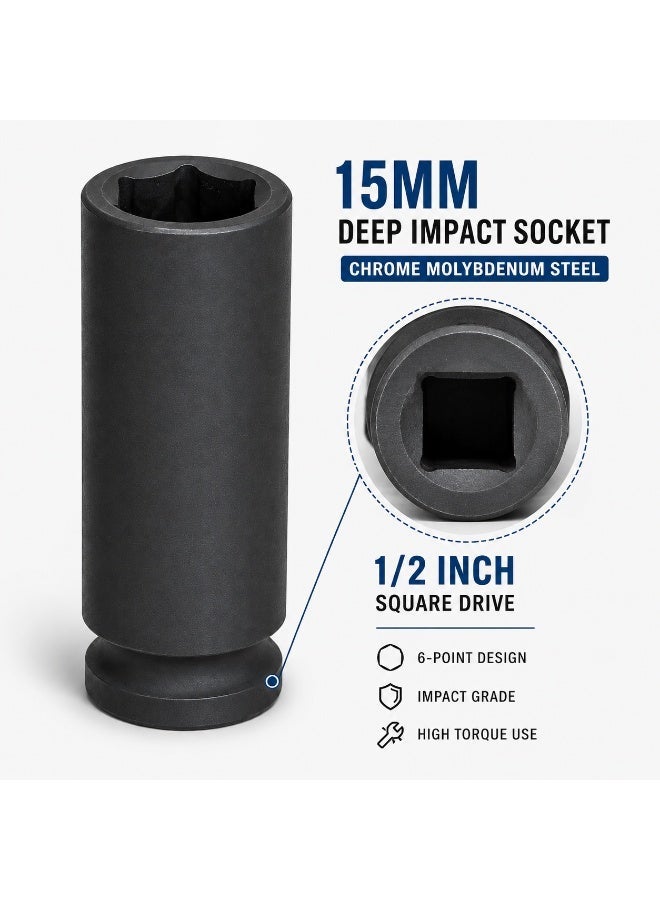 15mm Deep Impact Socket, 1/2 Inch Drive 6 Point Cr-Mo Steel Socket for Impact Wrench, Ratchet, Breaker Bar and Automotive Repair - Image 4