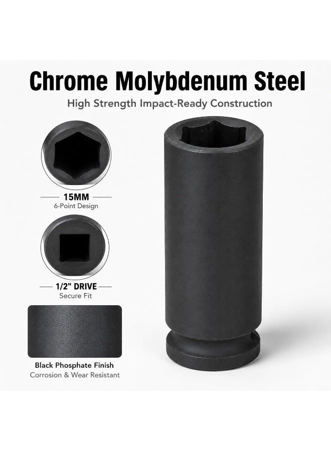 15mm Deep Impact Socket, 1/2 Inch Drive 6 Point Cr-Mo Steel Socket for Impact Wrench, Ratchet, Breaker Bar and Automotive Repair - Image 5