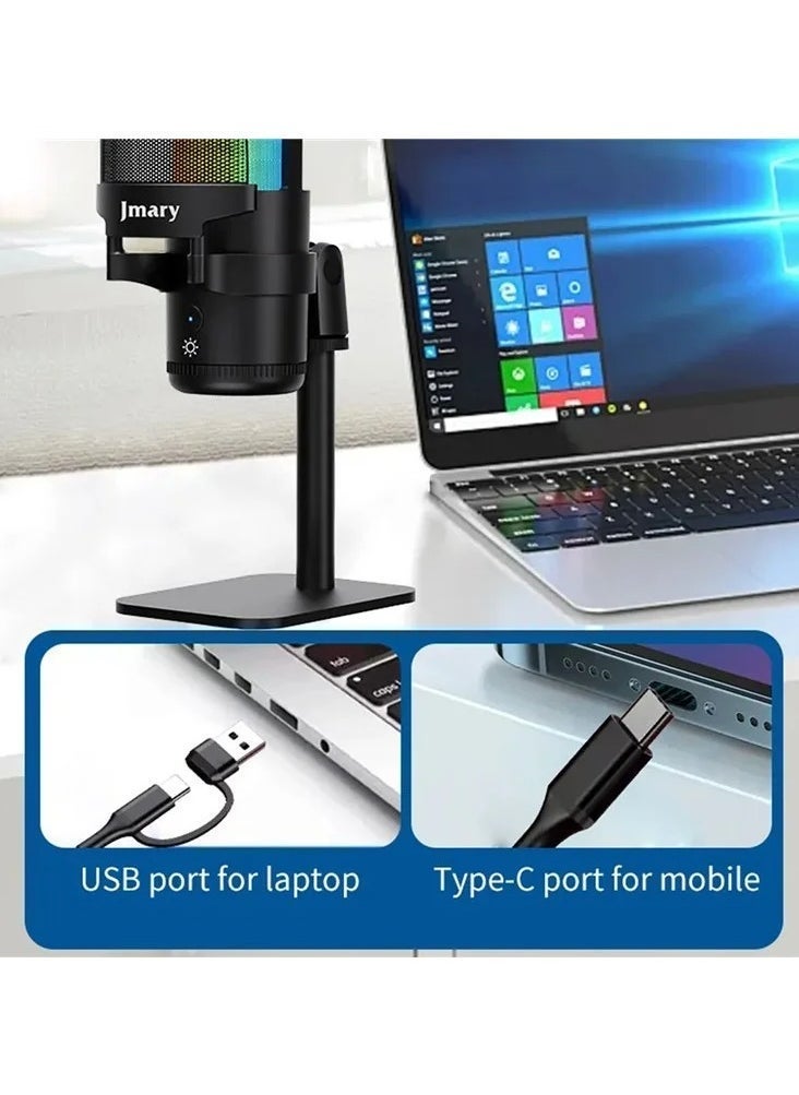 Jmary Zero Latency USB Desktop Microphone with RGB Lighting – Plug & Play Condenser Mic with Real-Time Monitoring, Volume Control, Mute Button & Adjustable Stand – Ideal for Podcasting, Gaming, Streaming, Online Meetings & Voice Recording - Image 4