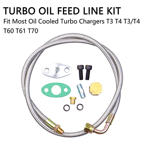 VKVXCLON Turbo Oil Feed Line Kit Compatible with T3 T4 T60 T61 T70 1/8 PNT 90 Degree 41'' Universal Turbocharger 4AN Oil Feed Line - Image 3