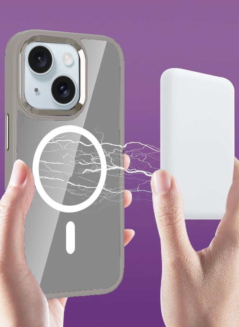 Wtech Hybrid Silicone With Translucent Hard Back Protective Plating Lens Magsafe Case Cover For Apple iPhone 15 2023 Grey - Image 5