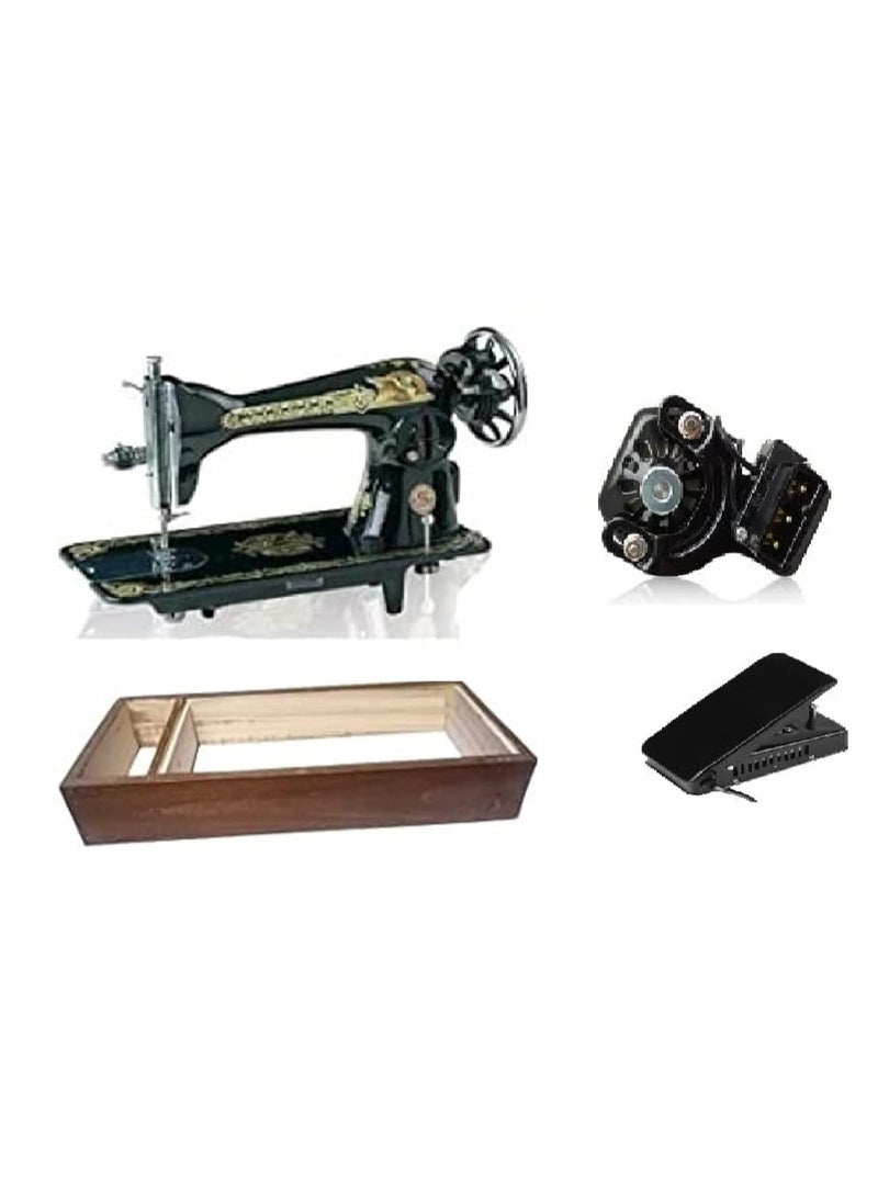 SINGER Indian sewing machine with a wooden drawer and a motor operated by a foot pedal. - Image 1