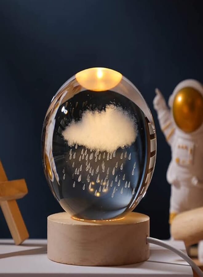 Goodern 3D Crystal Ball Night Light Clear Galaxy LED Light with Wooden Base Glass Ball Ornaments Nightlight Decolamp with Touch Switch Light Decorative Lamp Gifts for Home Desktop Decor-Rainy Cloud