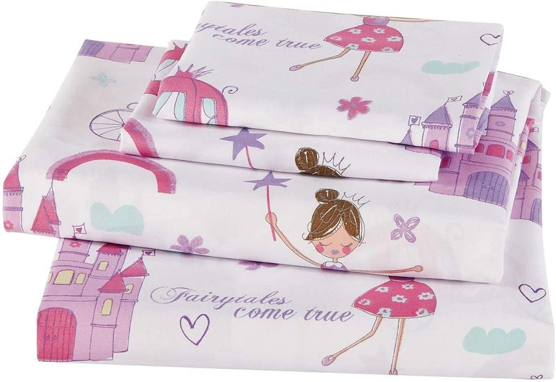 Linen Plus Sheet Set for GirlsTeens Fairy Tales Castle Princess Carriage Fairies Magic Pink Lavender White Flat Sheet Fitted Sheet and Pillow case Twin Size New