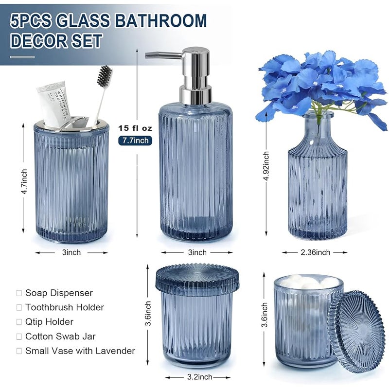Kasunting Blue Bathroom Accessories 5 Pcs, Glass Bathroom Accessory Set, Vintage Blue Bathroom Set, Royal Soap Dispenser and Toothbrush Holder Set, Qtip Holder, Small Flower Vase, Modern Bathroom Decor - Image 2
