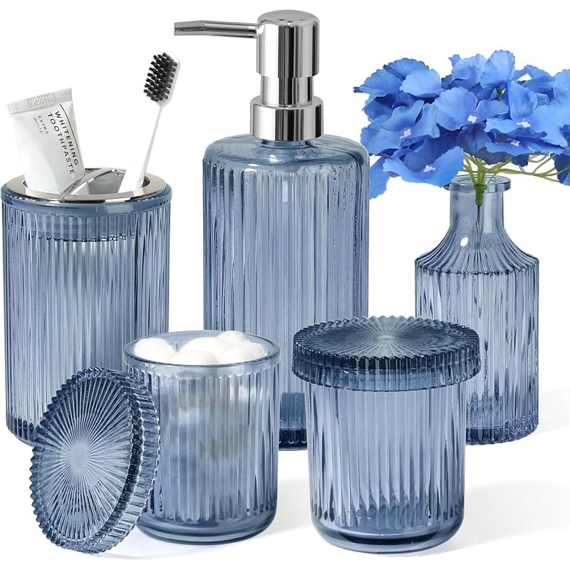 Kasunting Blue Bathroom Accessories 5 Pcs, Glass Bathroom Accessory Set, Vintage Blue Bathroom Set, Royal Soap Dispenser and Toothbrush Holder Set, Qtip Holder, Small Flower Vase, Modern Bathroom Decor - Image 1