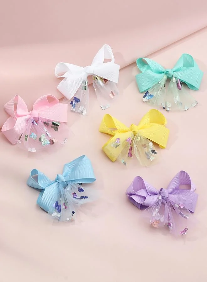 Take Two Pack of 6 - Girls Butterfly Tulle Accents Bow Hair Clips