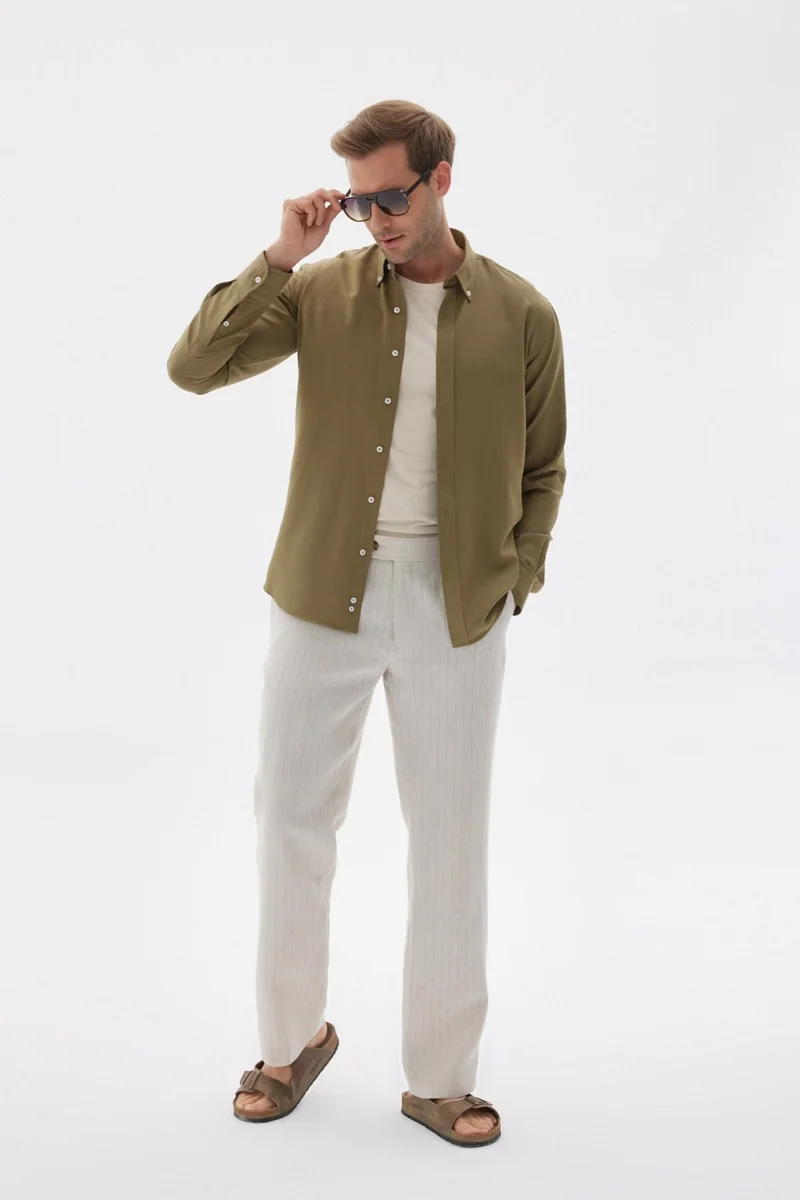 Odelon Easy Iron Oxford Men's Khaki Slim Fit Shirt MARS36