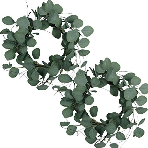 idyllic Eucalyptus Leaves Wreath Metal Polyester Fabric Paper Round Green Wreath 14 Inches for The Front Door Dcor 2 Packs
