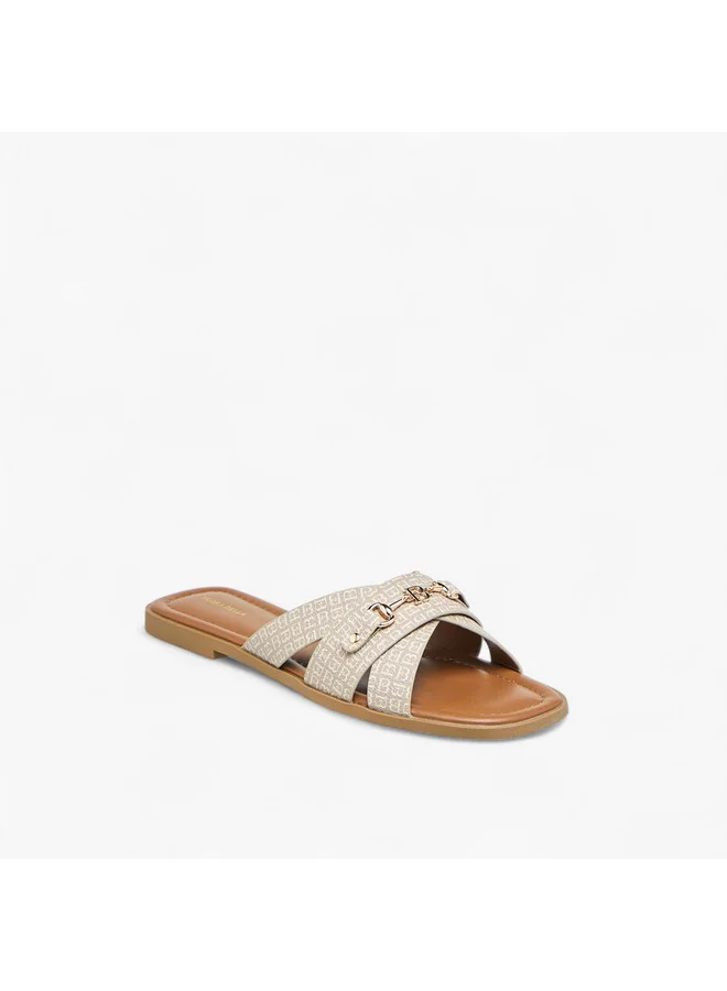Flora Bella By Shoexpress Women Monogram Print Slip-On Flat Sandals with Metal Accent