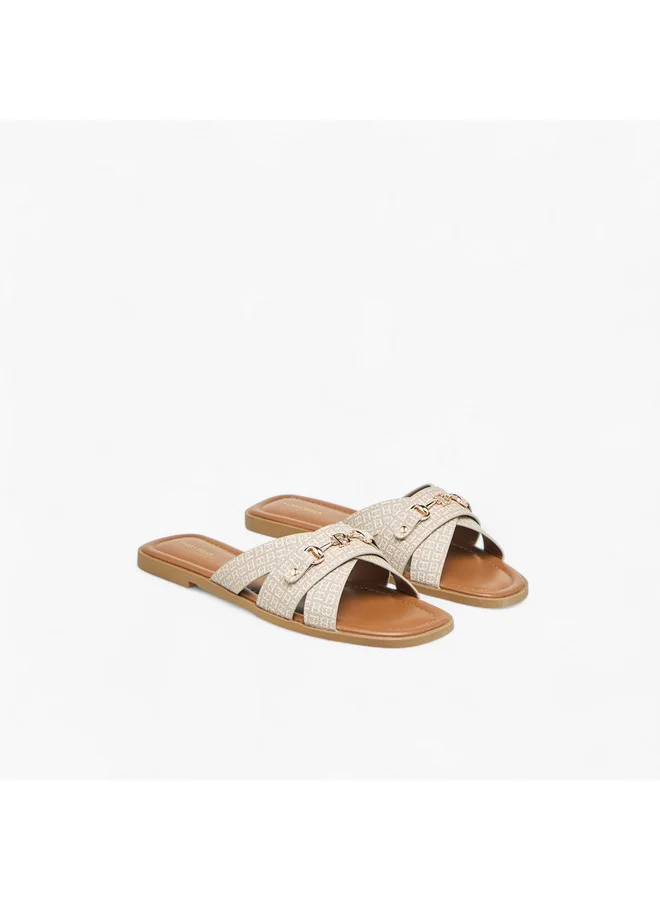 Flora Bella By Shoexpress Women Monogram Print Slip-On Flat Sandals with Metal Accent