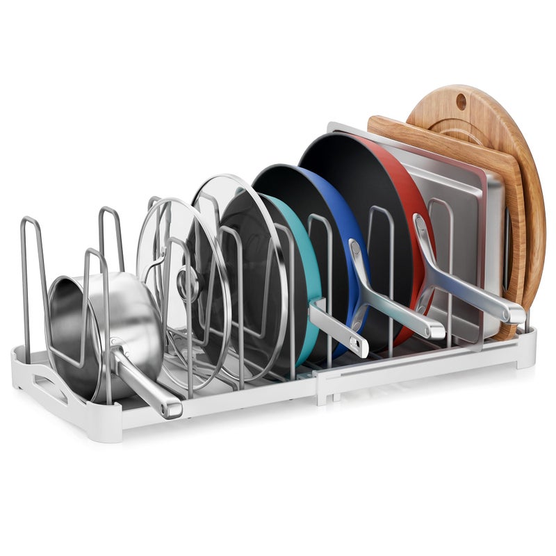 EVERIE Adjustable Bakeware Organizer Pot Lid Holder Rack for Pots, Cake Molds, Cutting Boards, Mats, Cookware, GS02SS, 7.7'' Deep by 12.6'' to 21.5'' Wide - Image 1