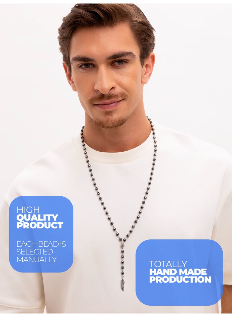 GetmanJewelry Men’s Handmade Hematite Bead Getman Jewelry Necklace with Metal Feather Pendant – Steel Silver Beaded Jewelry with Metal Accent - Image 2