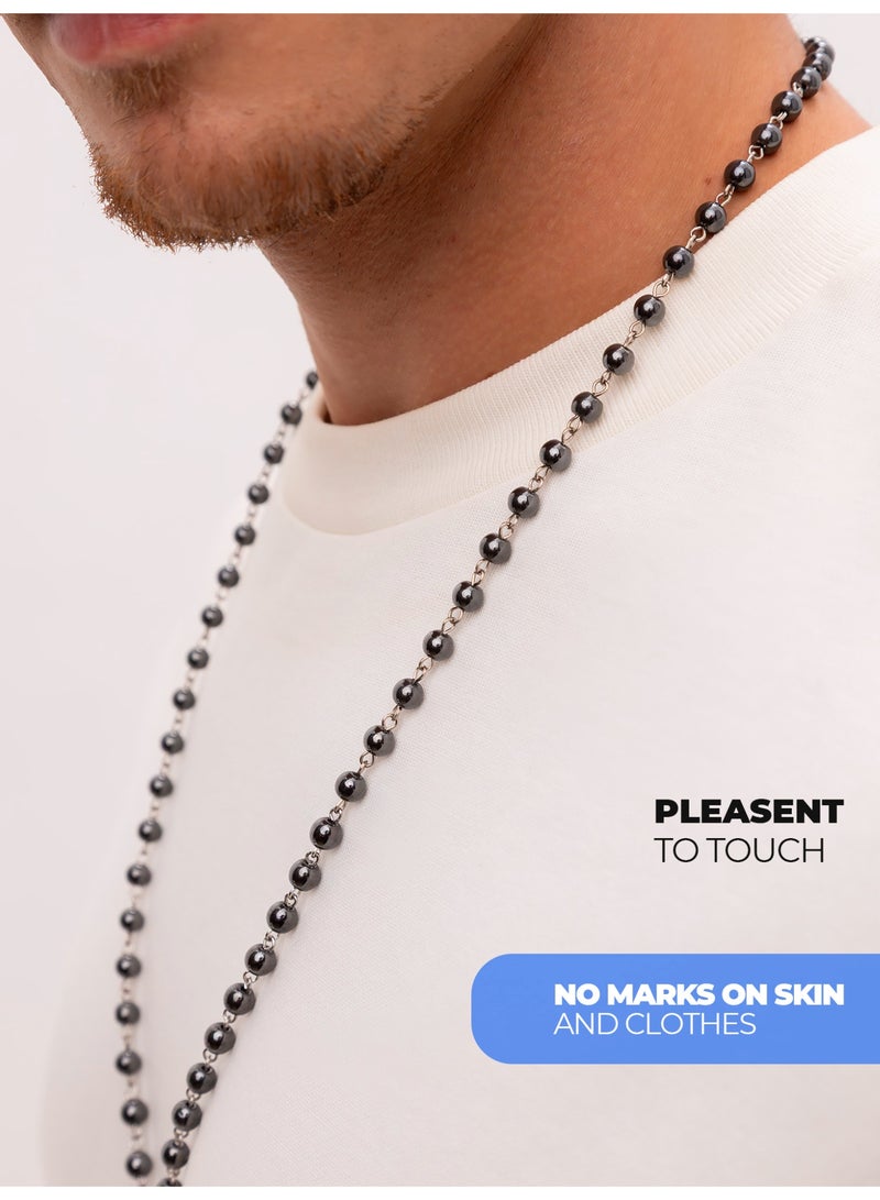 GetmanJewelry Men’s Handmade Hematite Bead Getman Jewelry Necklace with Metal Feather Pendant – Steel Silver Beaded Jewelry with Metal Accent - Image 3