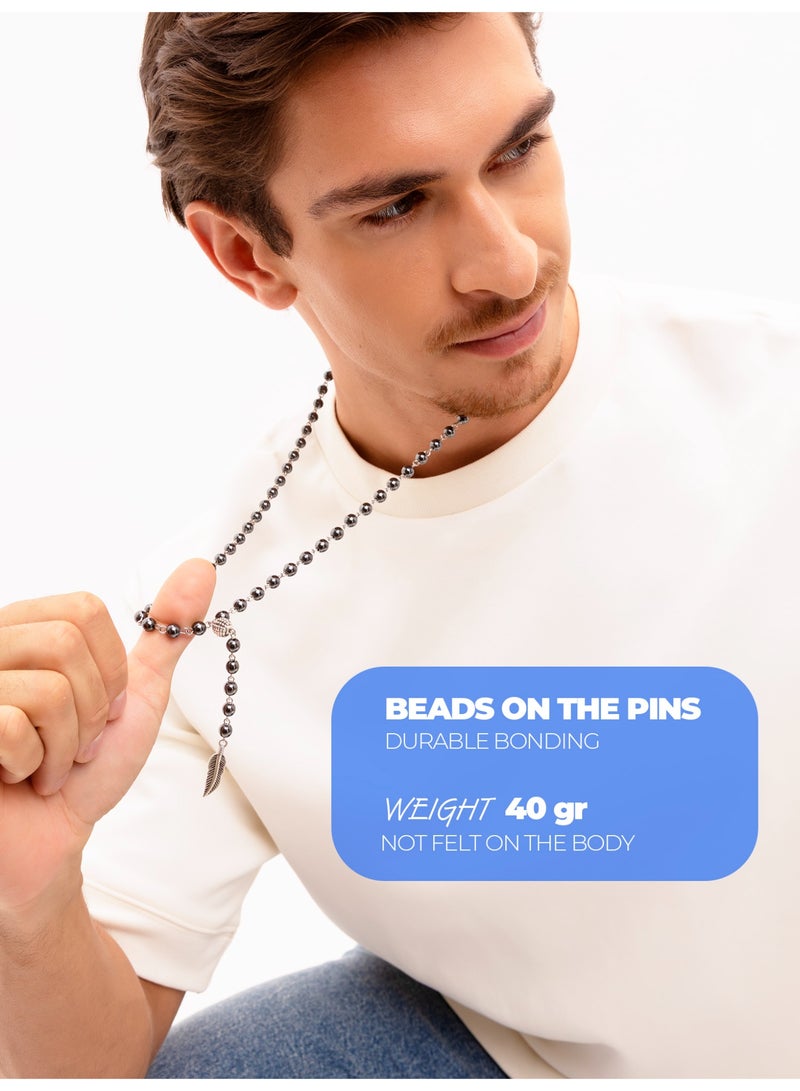 GetmanJewelry Men’s Handmade Hematite Bead Getman Jewelry Necklace with Metal Feather Pendant – Steel Silver Beaded Jewelry with Metal Accent - Image 4