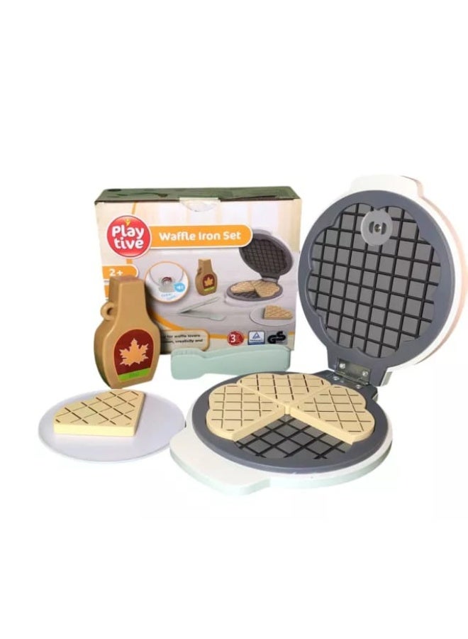 ELC Wooden Waffle Iron Play Set, Includes 4 Heart Shaped Waffles, Maple Syrup Bottle, Control Dial, Tongs & Plastic Plate, Pretend Cooking Toy for Kids, Realistic Role Play Kitchen Fun, Safe, Durable, and Imaginative Food Play Set - Image 1