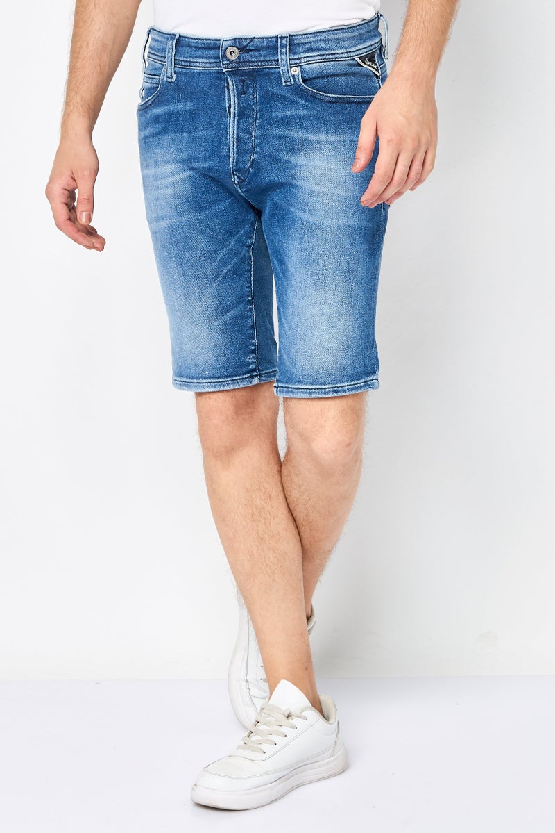 Replay Men Tapered Fit Washed Stretchable Denim Shorts, Blue - Image 1