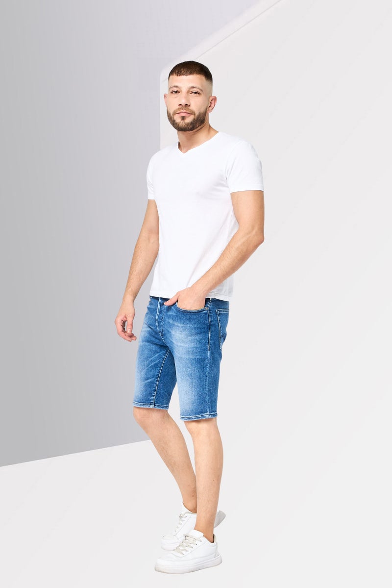 Replay Men Tapered Fit Washed Stretchable Denim Shorts, Blue - Image 4
