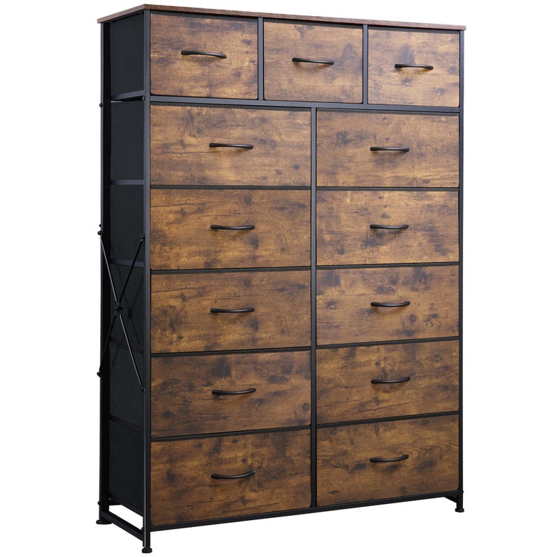 Wlive WLIVE Tall Dressers for Bedroom with 13 Drawers Storage Dresser Organizer Unit Fabric Dresser for Bedroom Closet Chest of Drawers Steel Frame Wood Top Rustic Brown Wood Grain Print