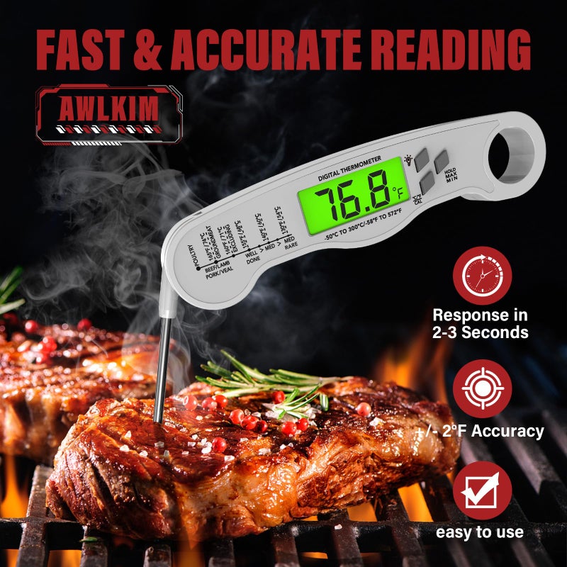 AWLKIM Fast Instant Read Meat Thermometer with Backlight - Waterproof Digital Food Probe for Grilling, Cooking, Baking & Candy Making - Kitchen & BBQ Essential(White) - Image 2