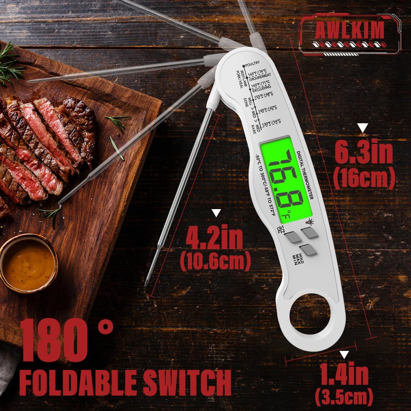 AWLKIM Fast Instant Read Meat Thermometer with Backlight - Waterproof Digital Food Probe for Grilling, Cooking, Baking & Candy Making - Kitchen & BBQ Essential(White) - Image 3