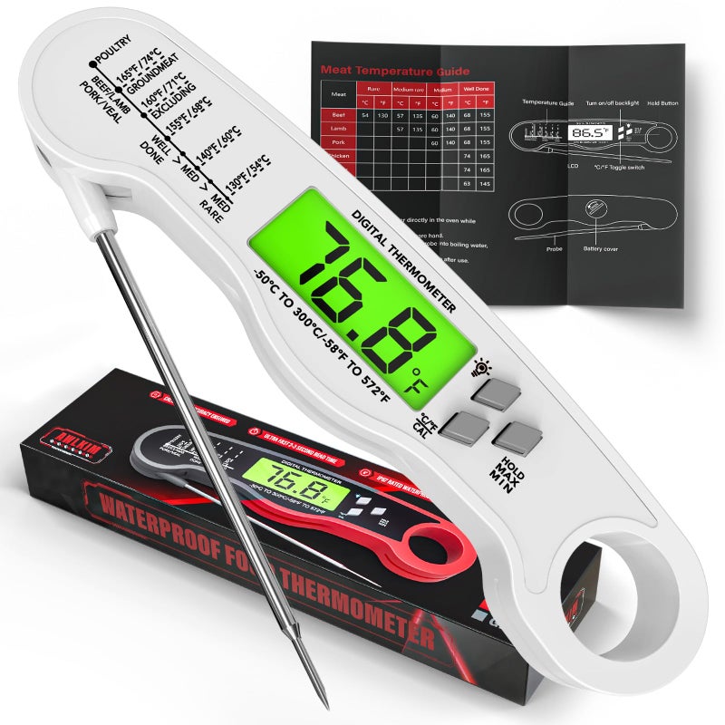 AWLKIM Fast Instant Read Meat Thermometer with Backlight - Waterproof Digital Food Probe for Grilling, Cooking, Baking & Candy Making - Kitchen & BBQ Essential(White) - Image 1