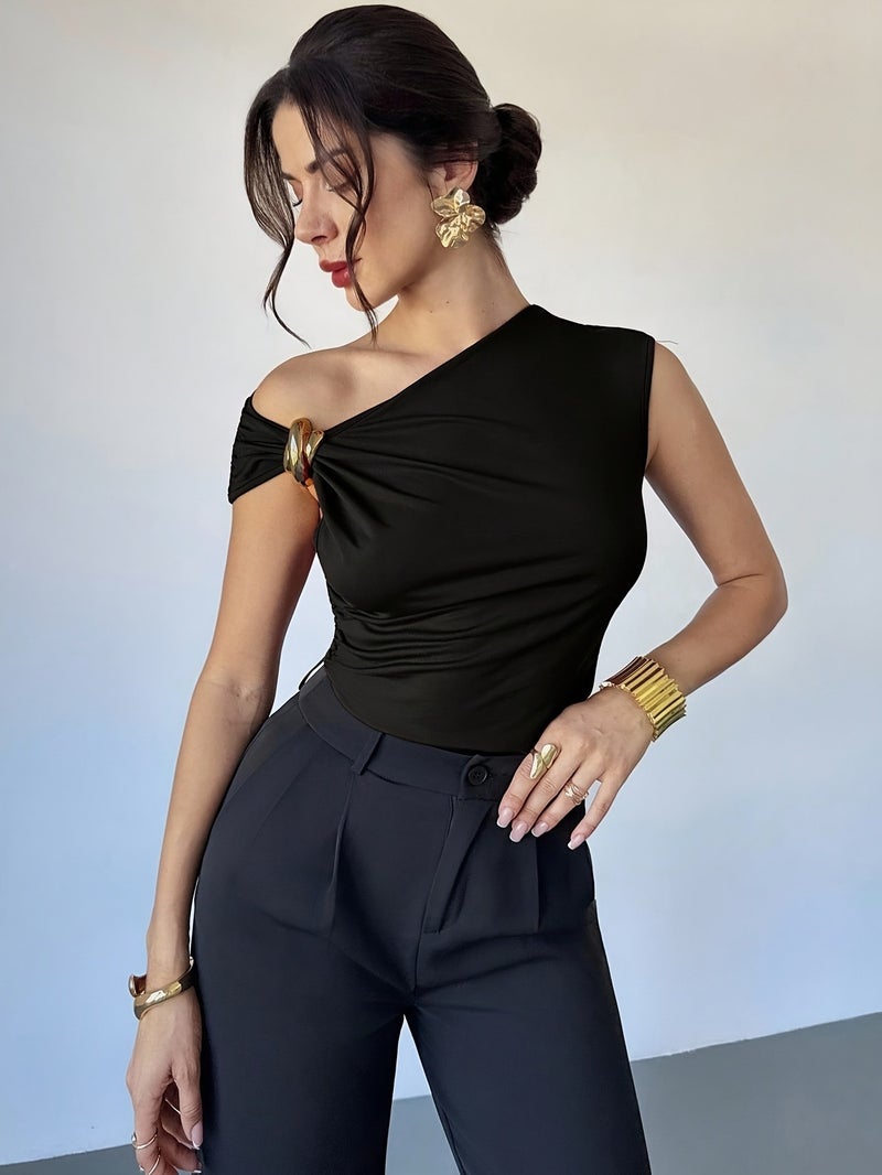Women's Casual and Elegant Asymmetrical Shoulder T - Shirt with Metal Decoration, Model BK251224071 - Suitable for Outings, Parties, and Other Occasions \u002F Women's Autumn Apparel... - Image 4