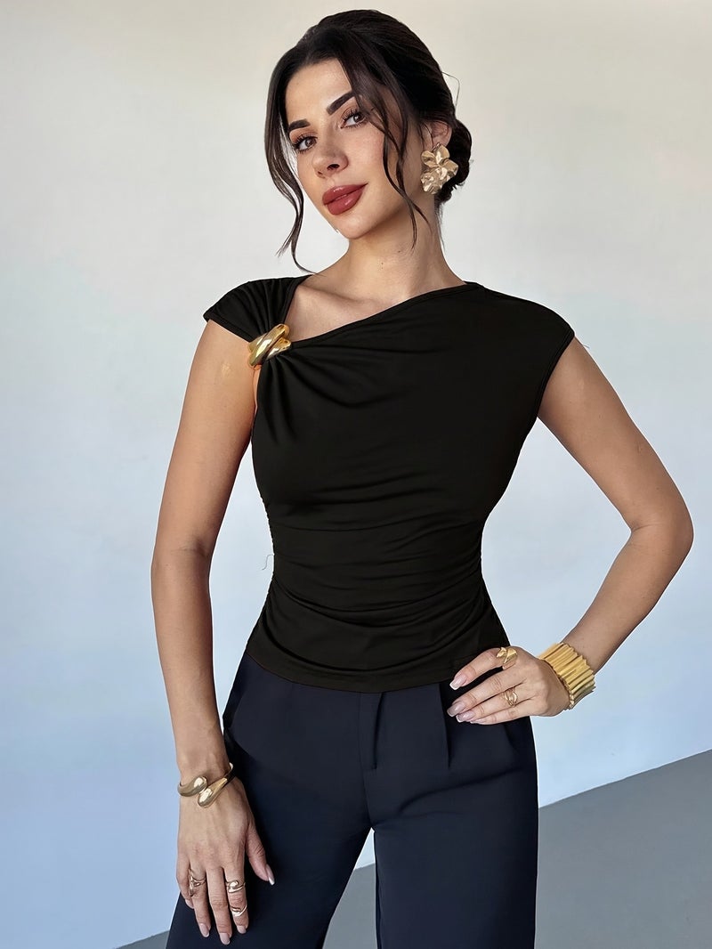 Women's Casual and Elegant Asymmetrical Shoulder T - Shirt with Metal Decoration, Model BK251224071 - Suitable for Outings, Parties, and Other Occasions \u002F Women's Autumn Apparel... - Image 5