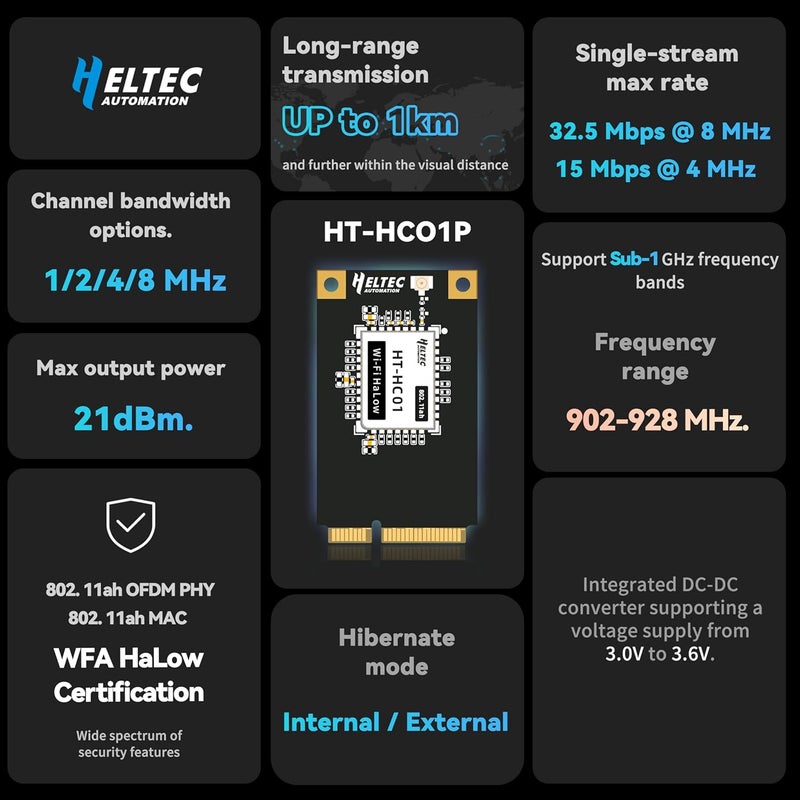 Heltec Automation Heltec WiFi HaLow Module Mini PCIe - IEEE 802.11ah 1km Range 32.5Mbps 902-928MHz for IoT Smart Home Industrial Automation (HT-HC01P) - Image 3