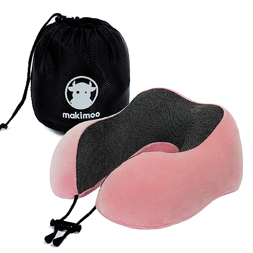 Makimoo Memory Foam Travel Pillow, Neck Pillow with 360-Degree Head Support, Comfortable and Lightweight, Ideal for Sleeping on Airplane, Car, Train, Bus and Home Use, Comes with Storage Bag (Pink) - Image 1