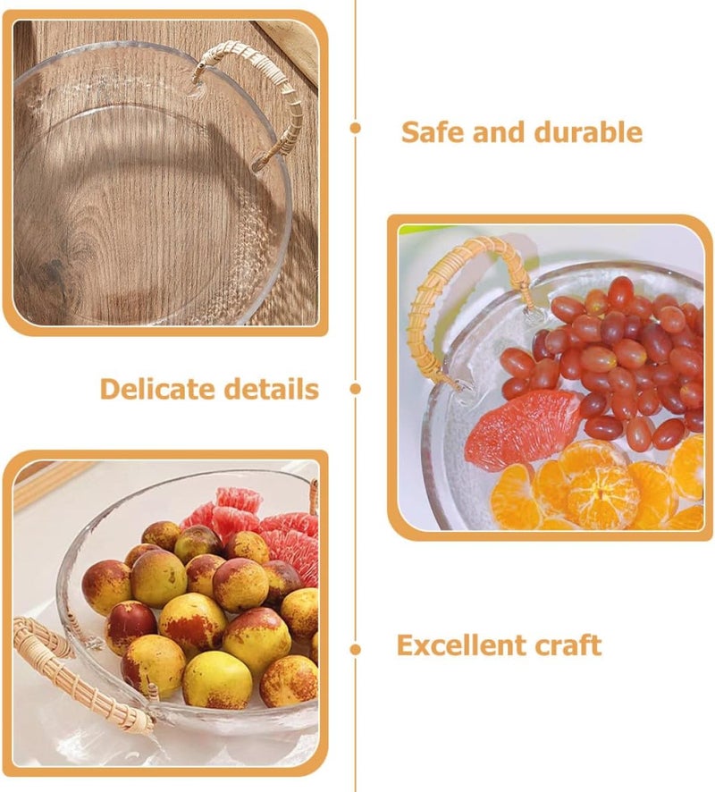 UKCOCO Glass Fruit Bowl with Rattan Handle Vintage Style Snack and Fruit Serving Tray for Kitchen and Living Room Use - Image 3