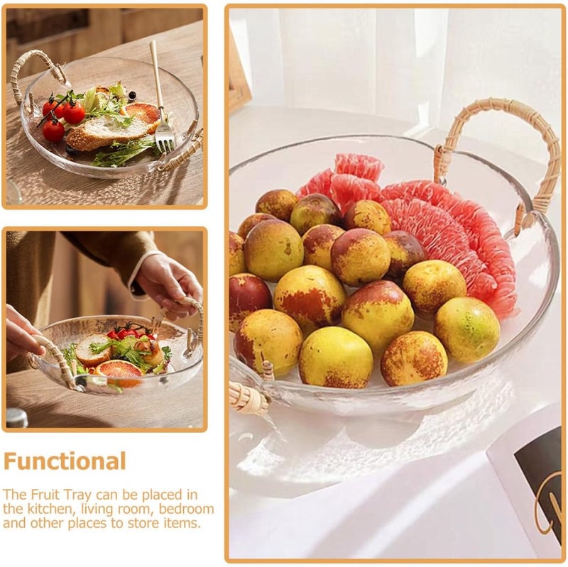UKCOCO Glass Fruit Bowl with Rattan Handle Vintage Style Snack and Fruit Serving Tray for Kitchen and Living Room Use - Image 5