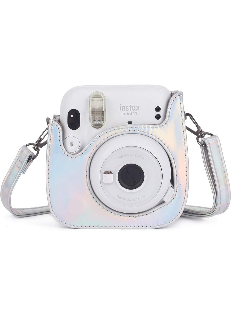 حالة الكاميرا الوقائية متوافقة مع Fujifilm Instax Mini 12 حقيبة الكاميرا الفورية PU الجلد الأزياء جميلة Instax غطاء الكاميرا القابلة للإزالة الشريط والصور الخلفية جيب (فضة لامعة) - Image 1