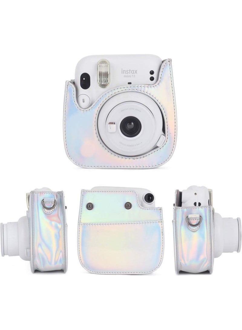 حالة الكاميرا الوقائية متوافقة مع Fujifilm Instax Mini 12 حقيبة الكاميرا الفورية PU الجلد الأزياء جميلة Instax غطاء الكاميرا القابلة للإزالة الشريط والصور الخلفية جيب (فضة لامعة) - Image 2