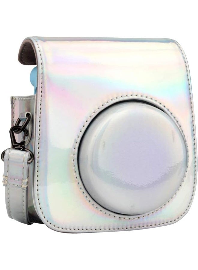 حالة الكاميرا الوقائية متوافقة مع Fujifilm Instax Mini 12 حقيبة الكاميرا الفورية PU الجلد الأزياء جميلة Instax غطاء الكاميرا القابلة للإزالة الشريط والصور الخلفية جيب (فضة لامعة) - Image 4