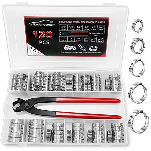 Hydencamm 120PCS 5 Sizes PEX Clamps Kit with Plier, 1/2'', 3/4'', 3/8”, 5/8'', 1'', Premium 304 Stainless Steel Cinch Crimp Rings, PEX Tool Kit Assortment for PEX Tubing Pipe Fitting Connections By Hydencamm - Image 1