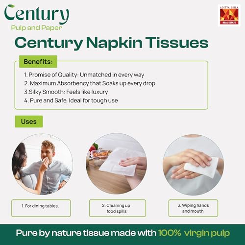 Century Pulp & Paper Century 1 Ply 100% Virgin Pulp Tissue Paper Napkins|Highly Absorbent & Chemical Free Serving Napkins 100 Pulls- 30x30 cm (Pack of 4) - Image 5