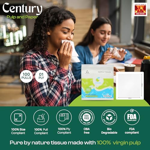 Century Pulp & Paper Century 1 Ply 100% Virgin Pulp Tissue Paper Napkins|Highly Absorbent & Chemical Free Serving Napkins 100 Pulls- 30x30 cm (Pack of 4) - Image 2