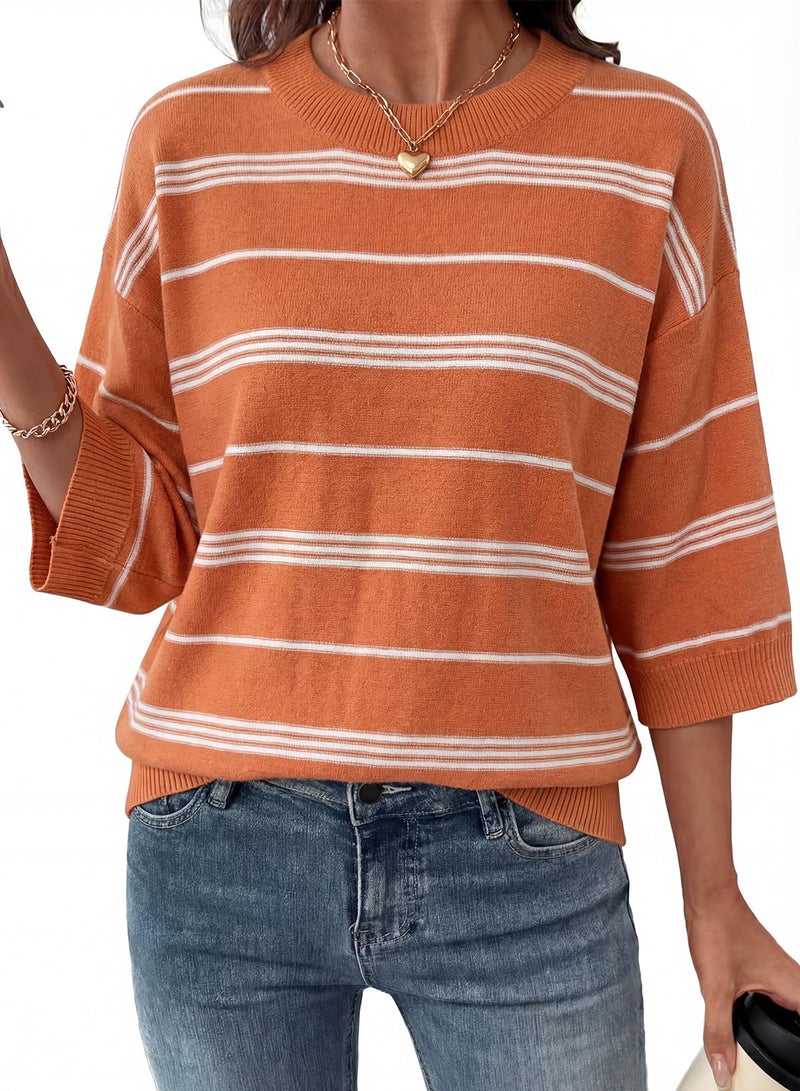 Dokotoo Women's Clothing Short Sleeve Sweater Spring Summer Oversized Sweaters Striped Old Money Clothes Elegant Casual Easter Crewneck Lightweight Knit Tops Shirts Vacation Outfits Orange Medium - Image 1
