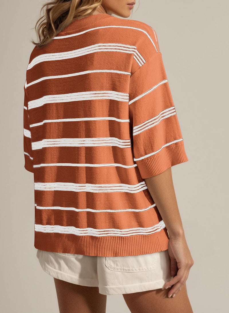 Dokotoo Women's Clothing Short Sleeve Sweater Spring Summer Oversized Sweaters Striped Old Money Clothes Elegant Casual Easter Crewneck Lightweight Knit Tops Shirts Vacation Outfits Orange Medium - Image 3