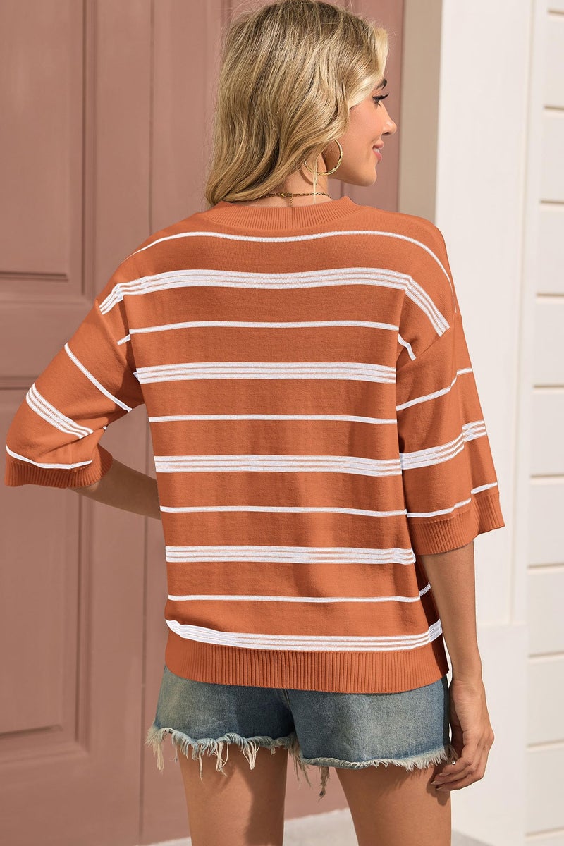 Dokotoo Women's Clothing Short Sleeve Sweater Spring Summer Oversized Sweaters Striped Old Money Clothes Elegant Casual Easter Crewneck Lightweight Knit Tops Shirts Vacation Outfits Orange Medium - Image 5
