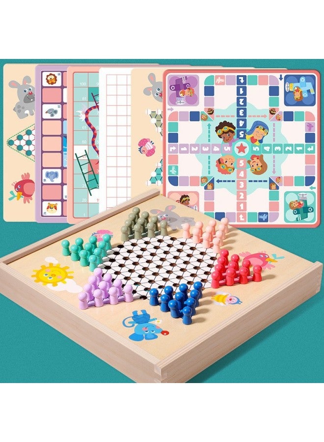 Educational Tabletop Game Toy Backgammon Multifunctional Wooden Seven-In-One Flying Chess Checkers Children's Toy