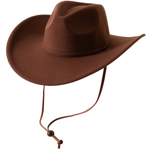 Lanzom Women Men Retro Felt Wide Brim Western Cowboy Cowgirl Hat Dress Up Hat with Wind Lanyard (Coffee,Medium-Large) - Image 1