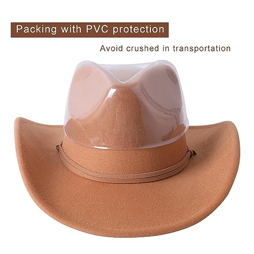 Lanzom Women Men Retro Felt Wide Brim Western Cowboy Cowgirl Hat Dress Up Hat with Wind Lanyard (Coffee,Medium-Large) - Image 5