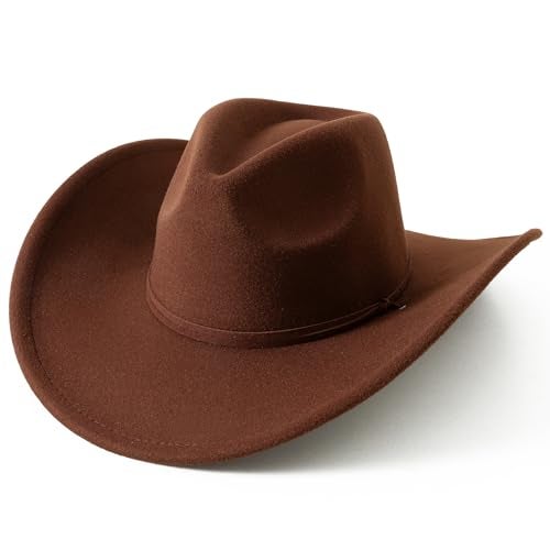 Lanzom Women Men Retro Felt Wide Brim Western Cowboy Cowgirl Hat Dress Up Hat with Wind Lanyard (Coffee,Medium-Large) - Image 4