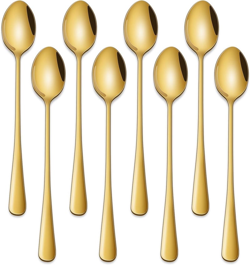 Dehov Gold 7.5 Inch Gold Iced Tea Spoons,Set Of 8 Stainless Steel Long Coffee Spoons,Long Handle Stirring Spoon For Dessert,Coctails,Ice Cream,Milk,Iced Teaspoons For Bar - Image 1