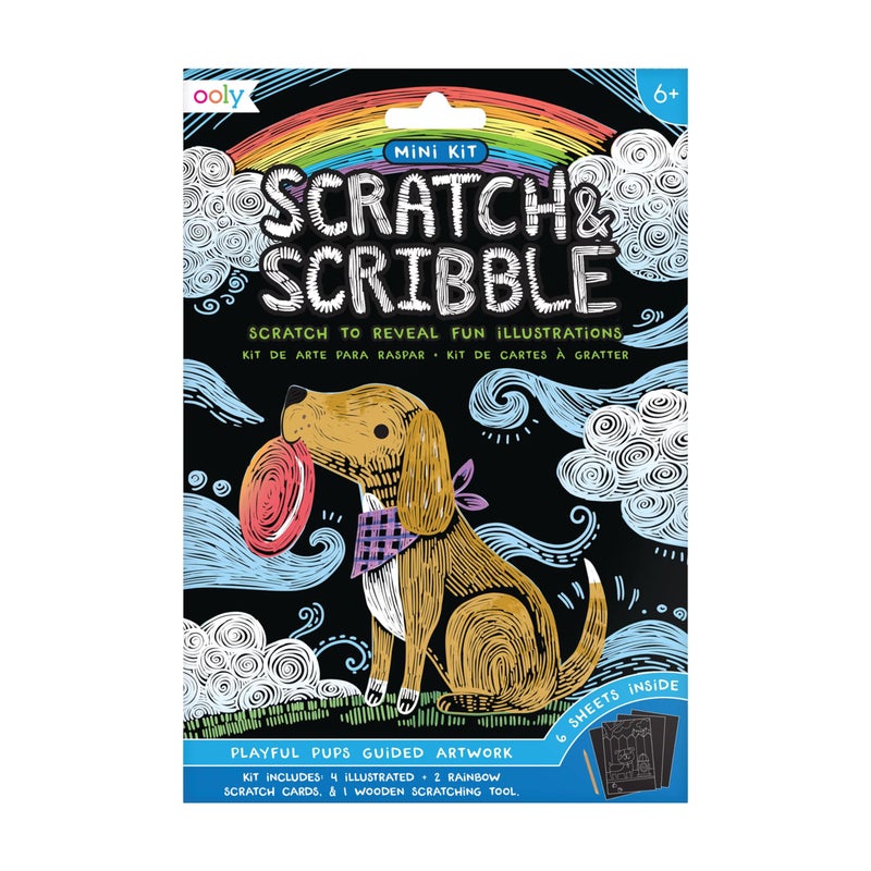 Ooly Mini Scratch  Scribble Art Kit  6 Card Rainbow Scratch Art Set for Kids TravelFriendly Craft Kit Wooden Tool Included  Playful Pups