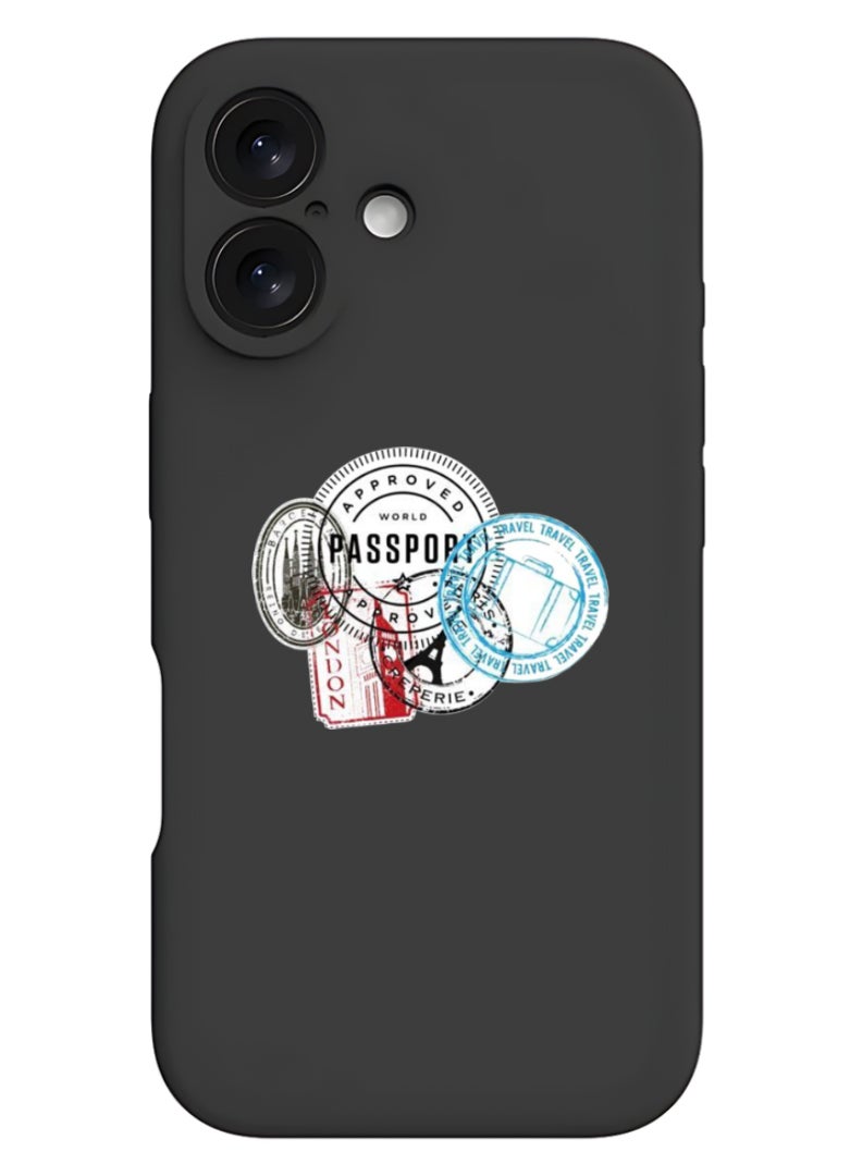 Theodor iPhone 16 Black Protective Slim Fit Case Liquid Silicone Cover with Full Body Protection Anti-Scratch Shockproof Case For iPhone - Stamps - Image 1