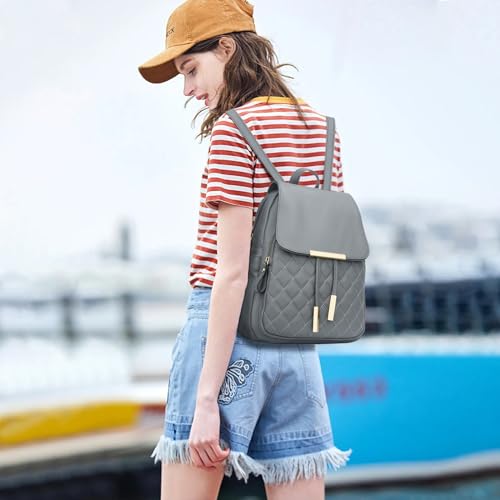 KKXIU Quilted Trendy Leather Backpack Purse for Women and Ladies Shoulder Travel Daypacks Bags (Grey) - Image 2