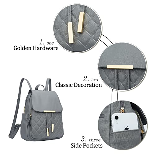 KKXIU Quilted Trendy Leather Backpack Purse for Women and Ladies Shoulder Travel Daypacks Bags (Grey) - Image 5